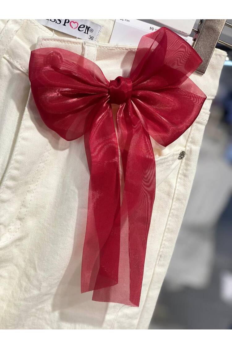 Detachable Bow Accessory Detailed White Denim Pants