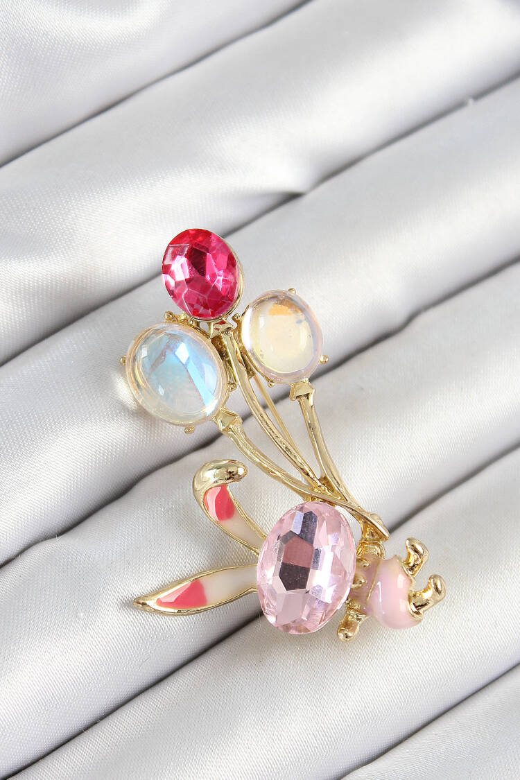 Pink Rabbit Figured Gold Color Women Brooch With Zircon Stone Balloon - Brand: Ebijuteri - Women's Clothing Wholesale - Globality Store