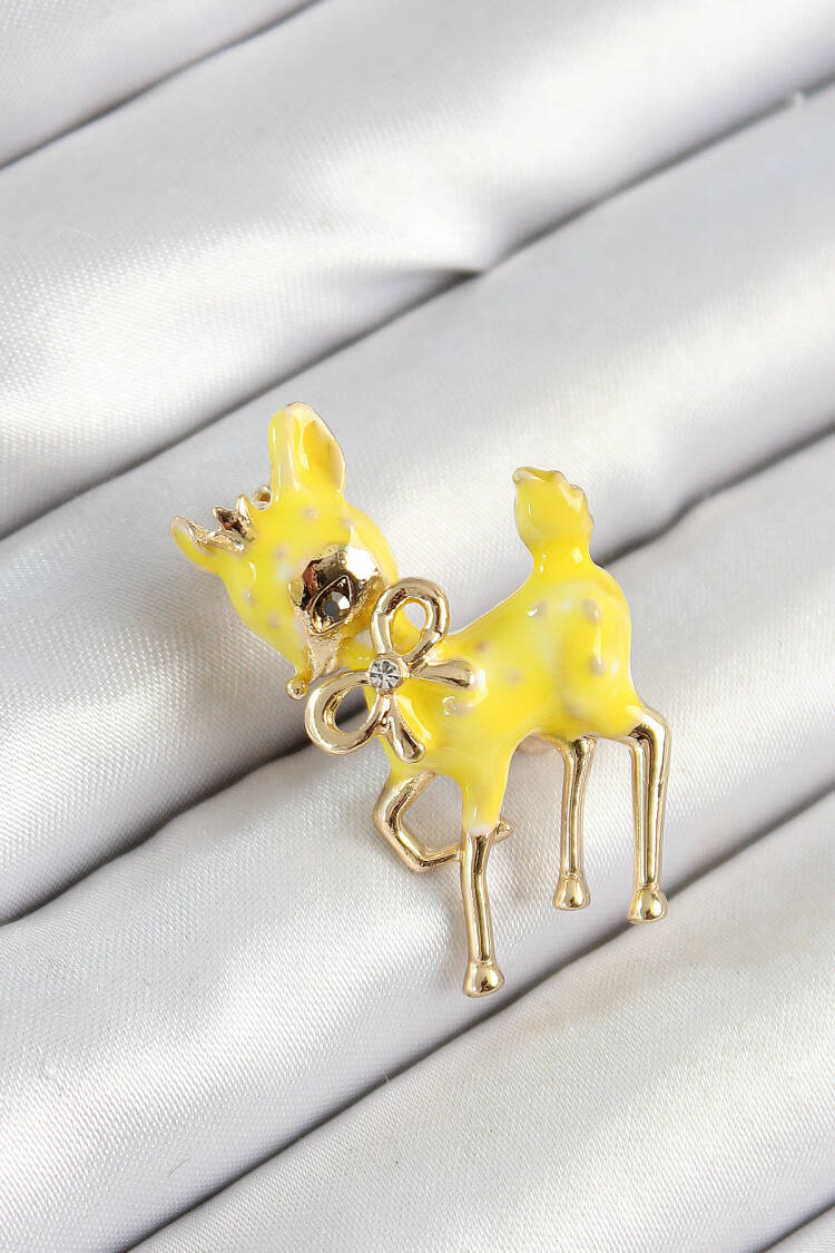 Zircon Stone Bow Detailed 3d Yellow Gazelle Figured Gold Color Women Brooch - Brand: Ebijuteri - Women's Clothing Wholesale - Globality Store