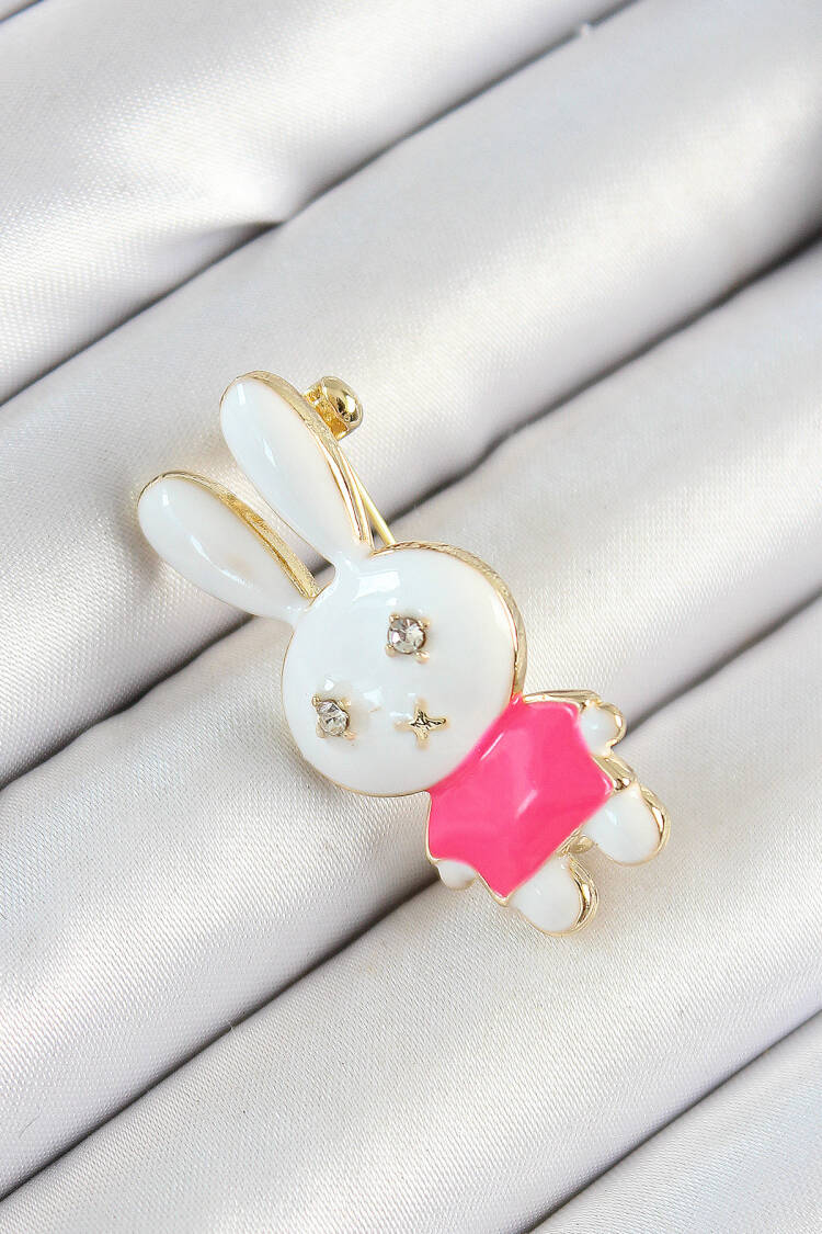 Zircon Stone Detailed White And Pink 3d Rabbit Figured Female Brooch - Brand: Ebijuteri - Women's Clothing Wholesale - Globality Store