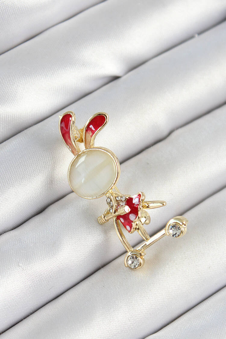 Zircon Stone Detailed Red 3d Scooter Riding Rabbit Girl Figured Gold Color Female Brooch - Brand: Ebijuteri - Women's Clothing Wholesale - Globality Store