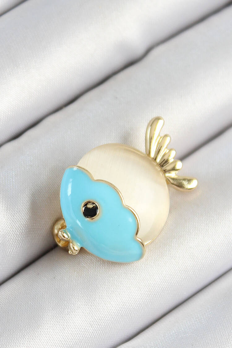 Enameled Turquoise And Cream Fish Figured Gold Color Women Brooch - Brand: Ebijuteri - Women's Clothing Wholesale - Globality Store