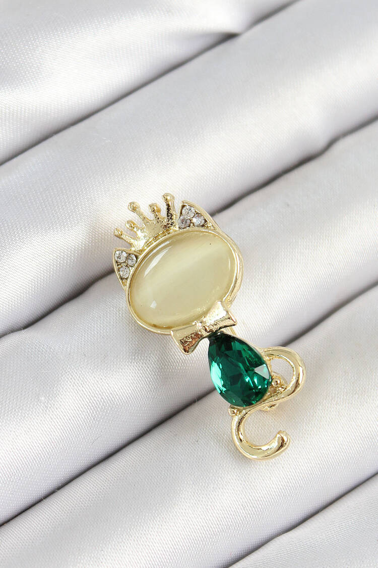 Green Drop Zircon Stone Queen Crown Cat Figured Gold Color Women Brooch - Brand: Ebijuteri - Women's Clothing Wholesale - Globality Store