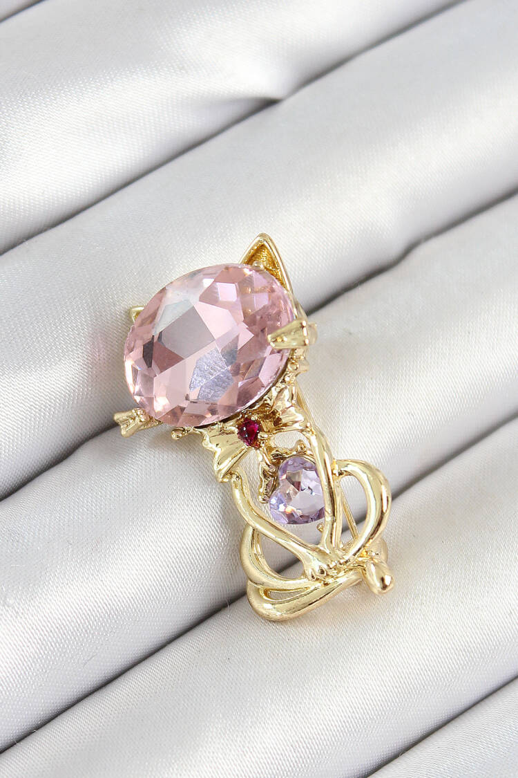 Pink Zircon Stone Cap Detailed Cat Figured Gold Color Women Brooch - Brand: Ebijuteri - Women's Clothing Wholesale - Globality Store