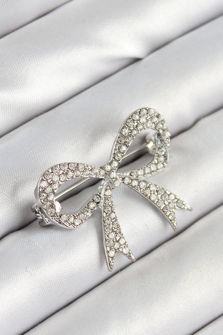 Silver Color Women Brooch With Zircon Stone Bow Figured On - Brand: Ebijuteri - Women's Clothing Wholesale - Globality Store