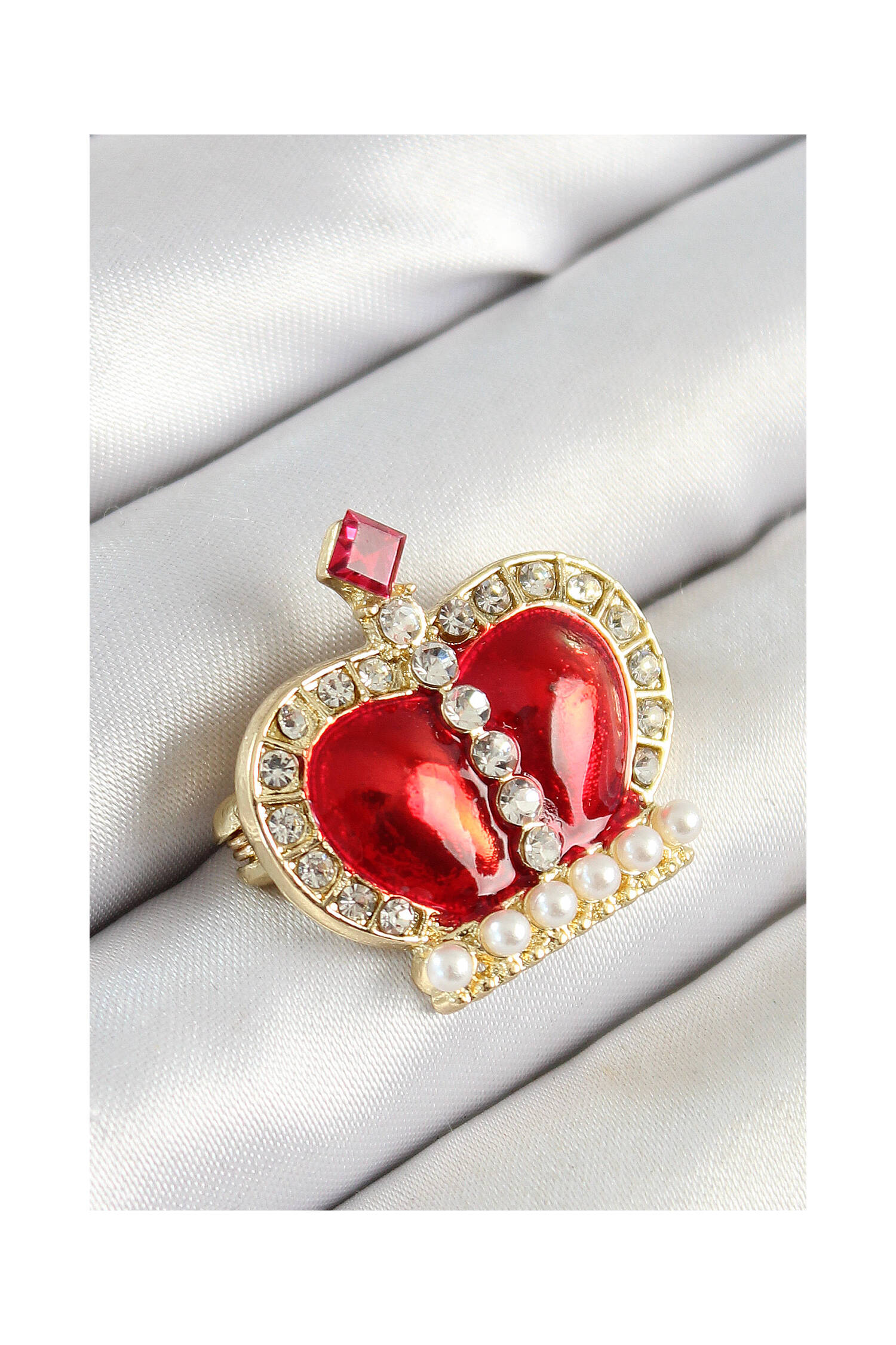 Zircon Stone Pearl Detailed Red 3d Queen Crown Figured Gold Color Women Brooch - Brand: Ebijuteri - Women's Clothing Wholesale - Globality Store