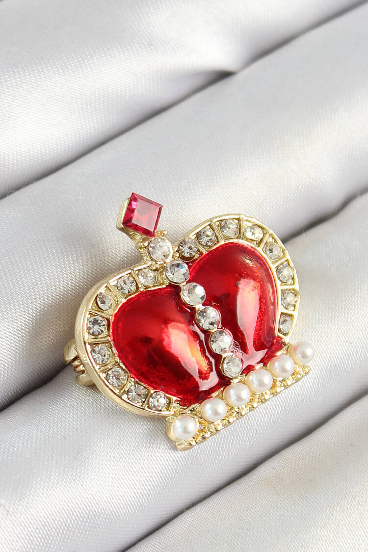 Zircon Stone Pearl Detailed Red 3d Queen Crown Figured Gold Color Women Brooch - Brand: Ebijuteri - Women's Clothing Wholesale - Globality Store