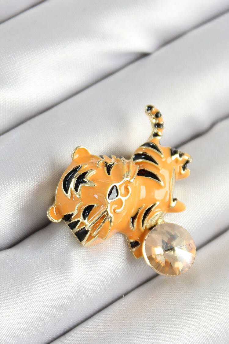 Black Striped Orange Tiger Figured Gold Color Women Brooch With Zircon Stone - Brand: Ebijuteri - Women's Clothing Wholesale - Globality Store