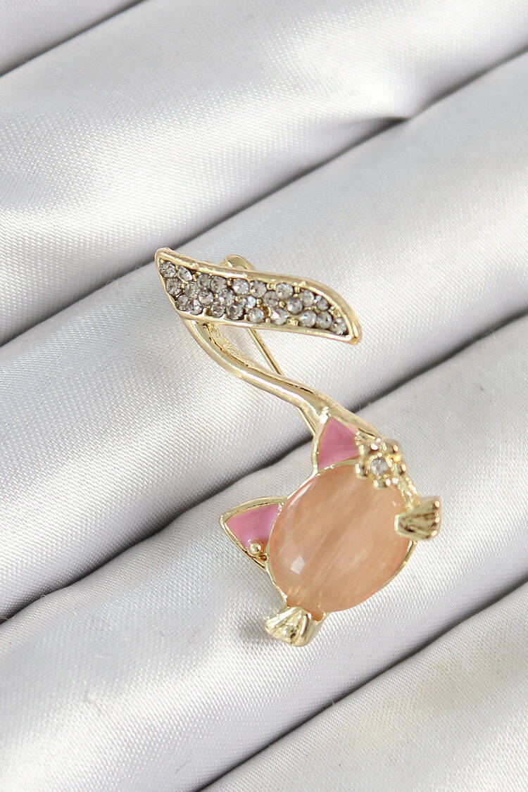 3d Cat Detailed Note Figured Gold Color Female Brooch With Zircon Stone - Brand: Ebijuteri - Women's Clothing Wholesale - Globality Store