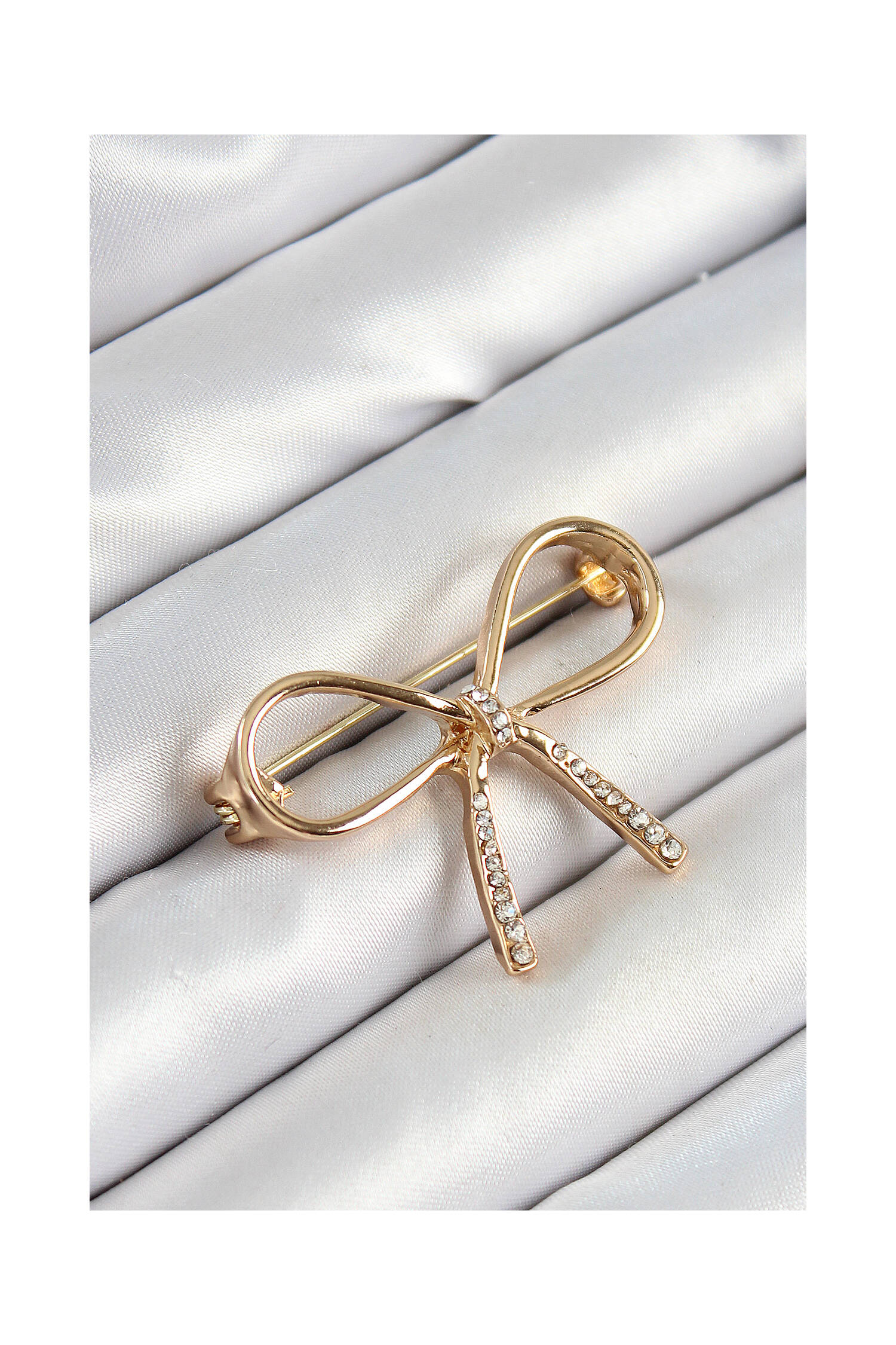 Zircon Stone Detailed 3d Bow Figured Gold Color Women Brooch - Brand: Ebijuteri - Women's Clothing Wholesale - Globality Store