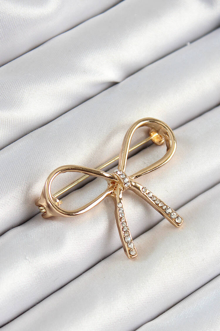 Zircon Stone Detailed 3d Bow Figured Gold Color Women Brooch - Brand: Ebijuteri - Women's Clothing Wholesale - Globality Store