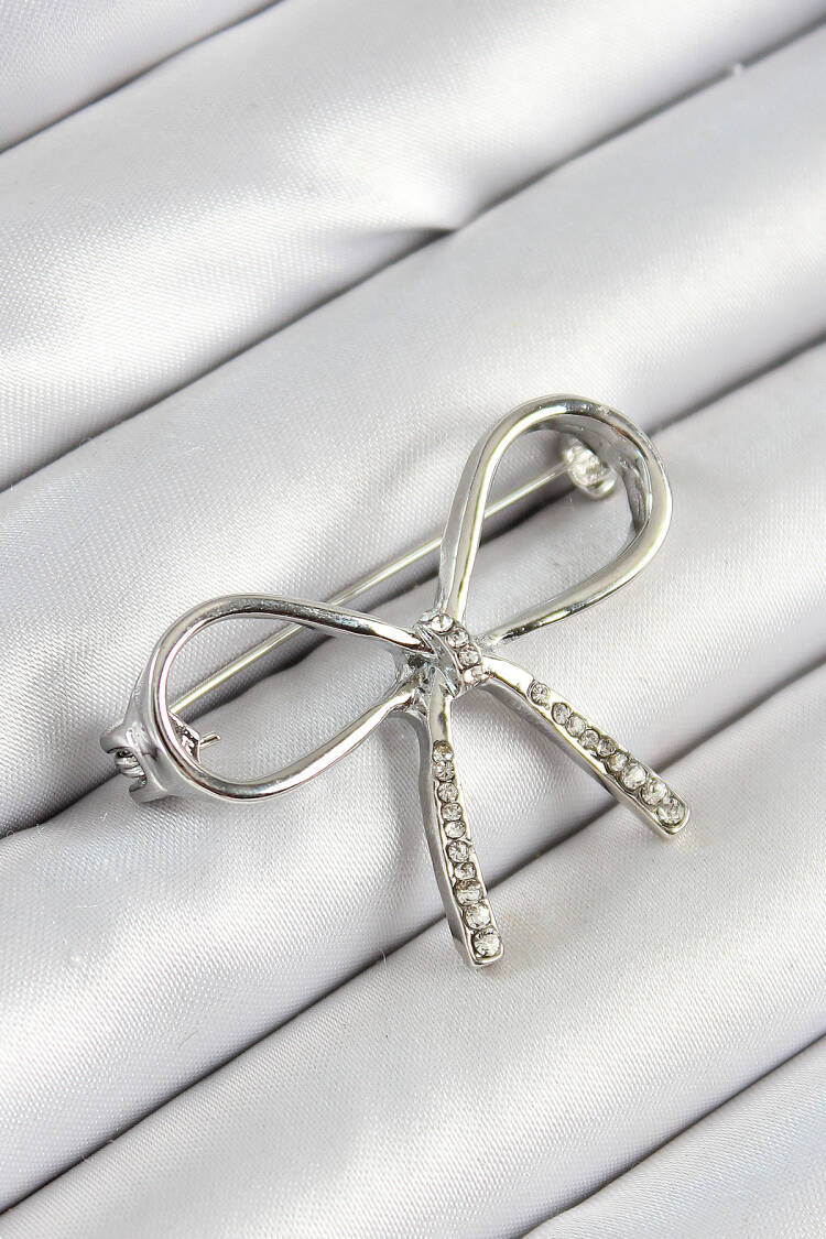 Zircon Stone Detailed Bow Figured Silver Color Women Brooch - Brand: Ebijuteri - Women's Clothing Wholesale - Globality Store