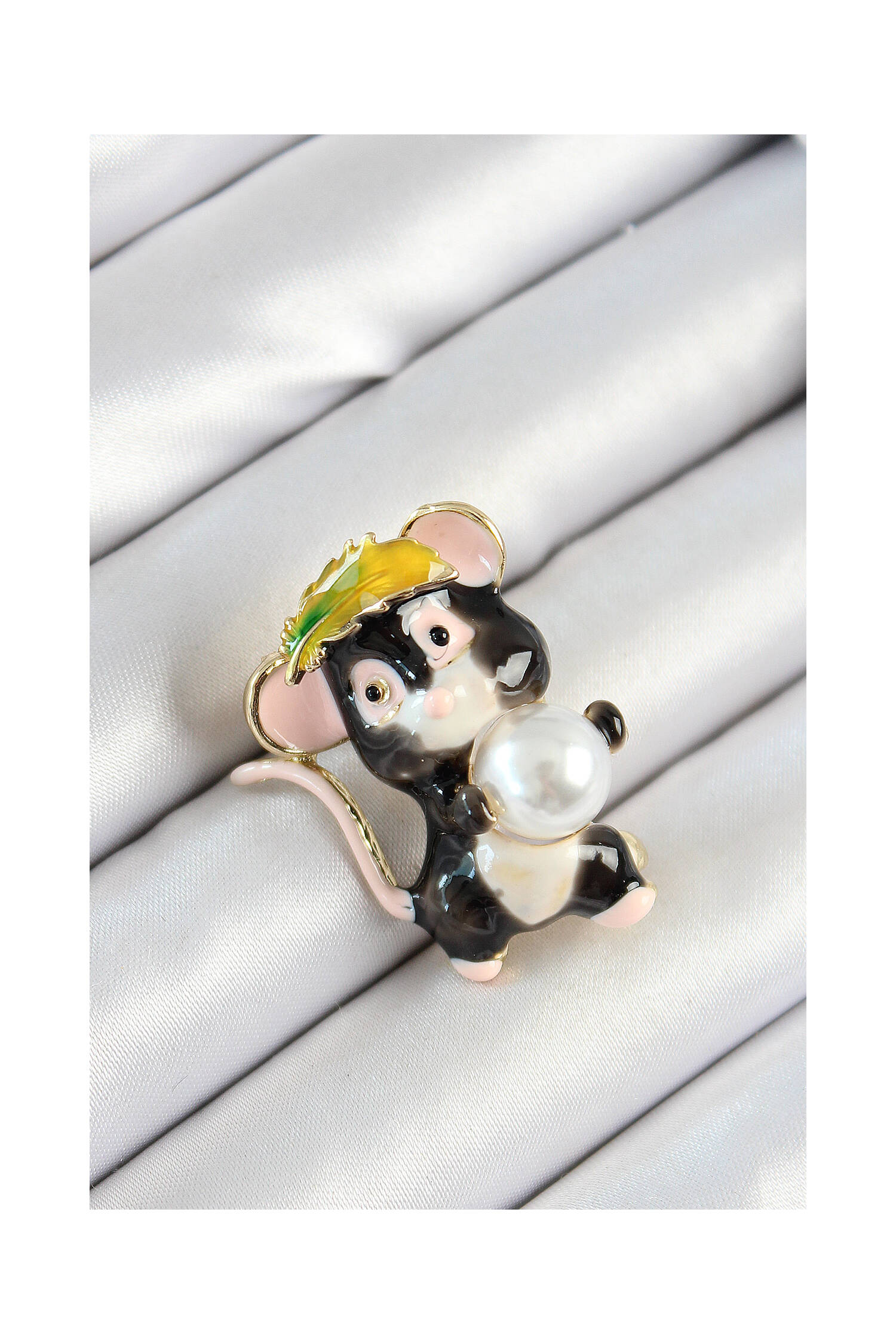 Pearl Detailed Black And Pink 3d Cute Mouse Figured Gold Color Female Brooch - Brand: Ebijuteri - Women's Clothing Wholesale - Globality Store