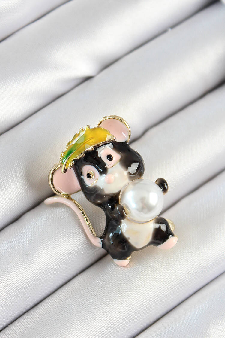 Pearl Detailed Black And Pink 3d Cute Mouse Figured Gold Color Female Brooch - Brand: Ebijuteri - Women's Clothing Wholesale - Globality Store