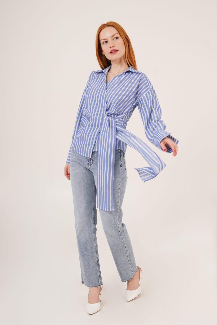 Side Tie Detailed Striped Blue Wholesale Shirt