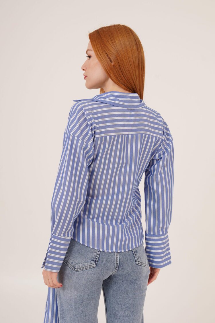 Side Tie Detailed Striped Blue Wholesale Shirt