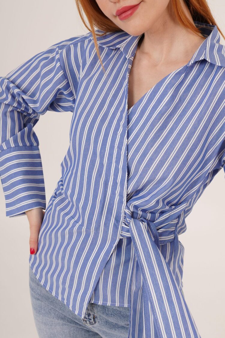 Side Tie Detailed Striped Blue Wholesale Shirt