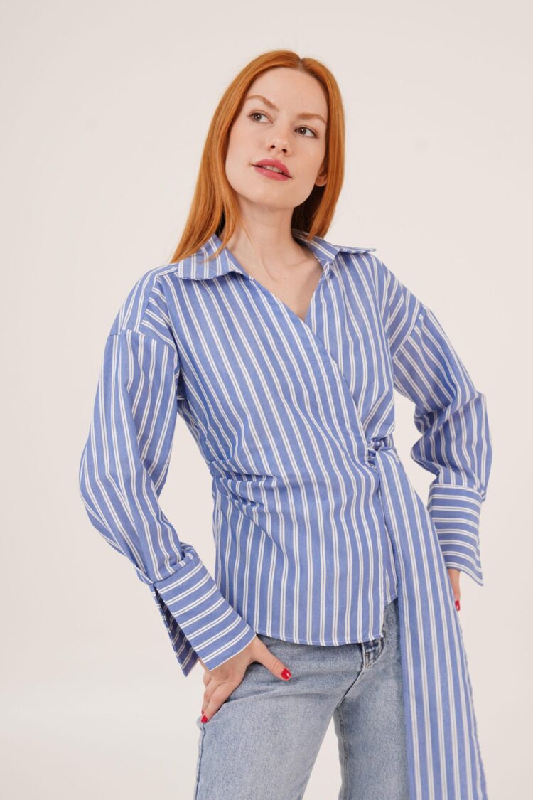 Side Tie Detailed Striped Blue Wholesale Shirt