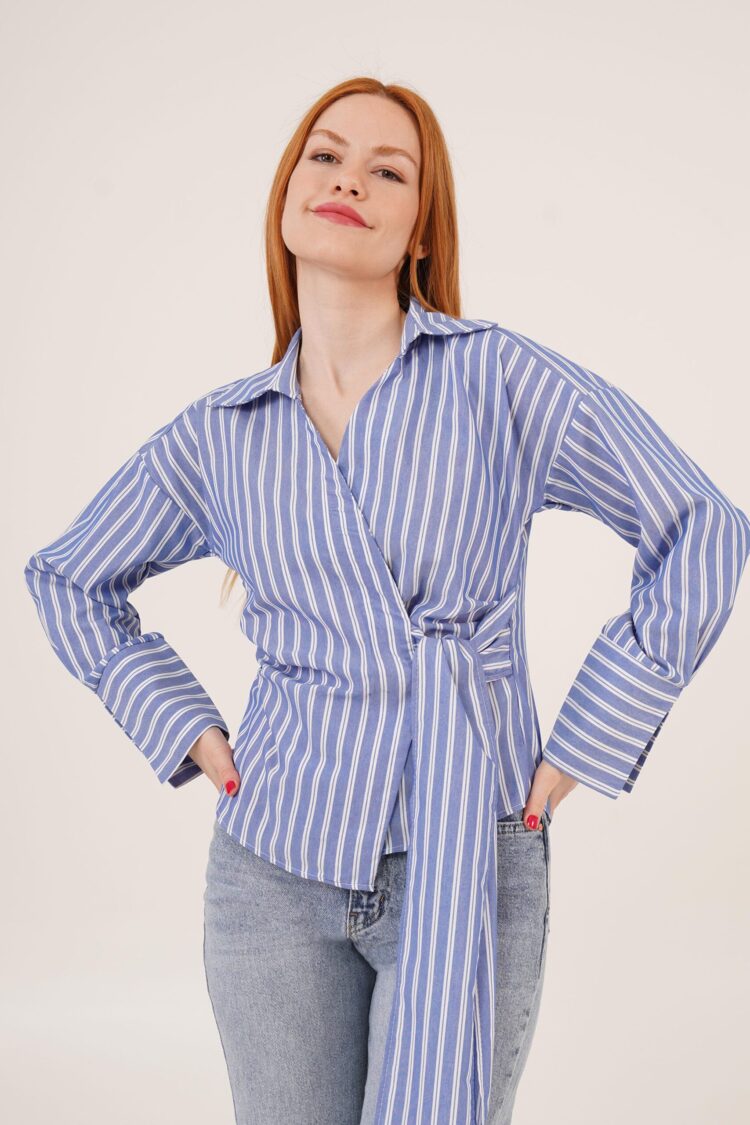 Side Tie Detailed Striped Blue Wholesale Shirt - Brand: Lustrin - Women's Clothing Wholesale - Globality Store