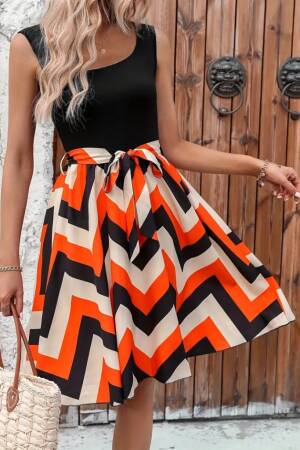 Women's Strappy Round Neck Belted Zigzag Pattern Suprem Dress
