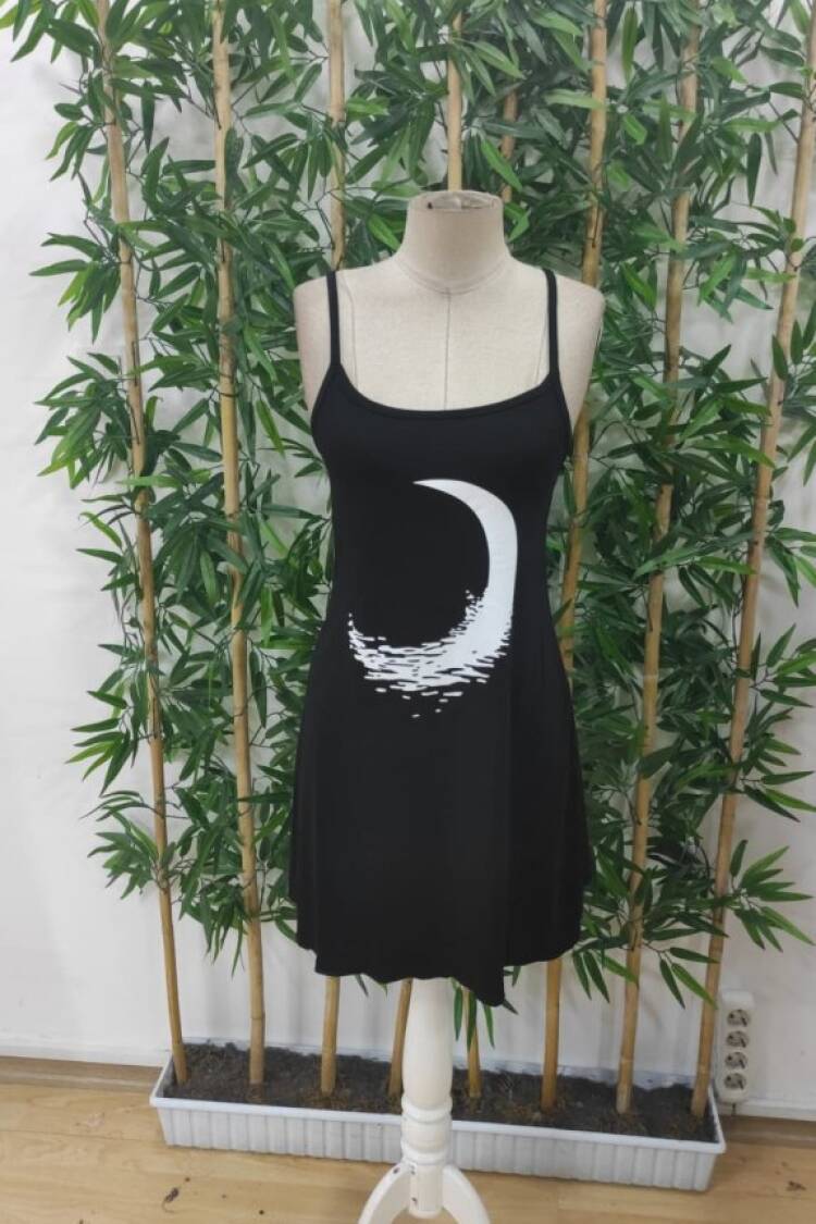 Women's Moon Pattern Viscose Dress With Rope Strap - Black