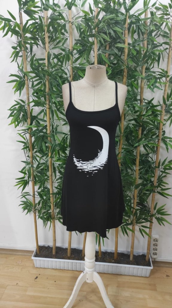 Women's Moon Pattern Viscose Dress With Rope Strap - Black