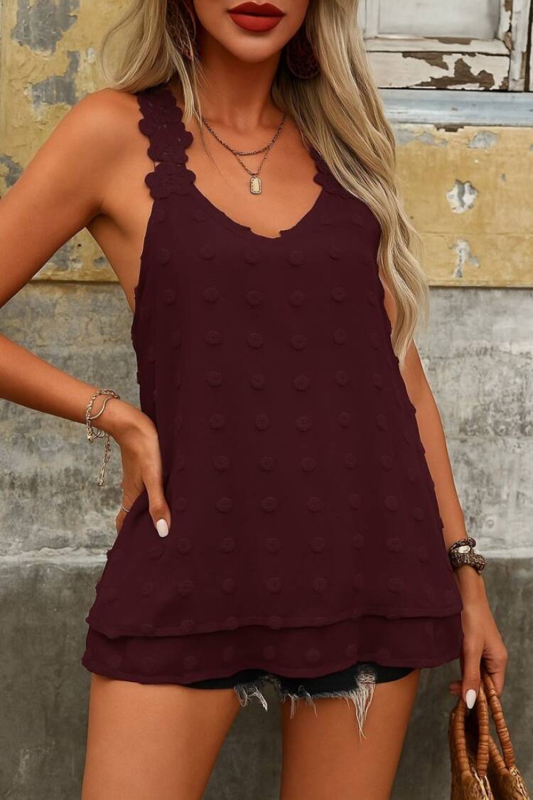 Women's Lace Strap V-Neck Back Cross Detailed Pompom Blouse - Burgundy