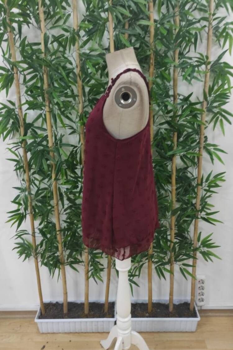 Women's Lace Strap V-Neck Back Cross Detailed Pompom Blouse - Burgundy