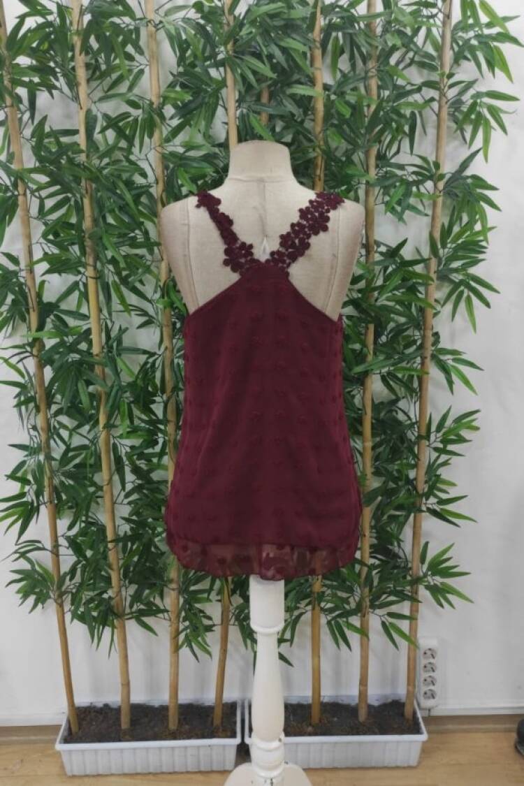 Women's Lace Strap V-Neck Back Cross Detailed Pompom Blouse - Burgundy