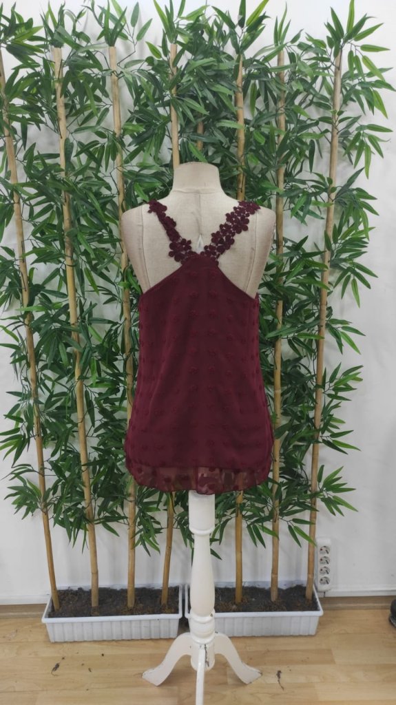 Women's Lace Strap V-Neck Back Cross Detailed Pompom Blouse - Burgundy