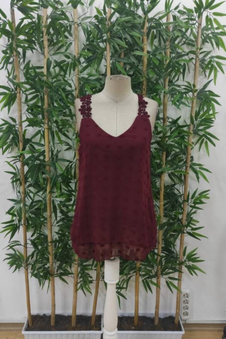Women's Lace Strap V-Neck Back Cross Detailed Pompom Blouse - Burgundy