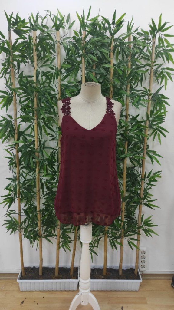 Women's Lace Strap V-Neck Back Cross Detailed Pompom Blouse - Burgundy