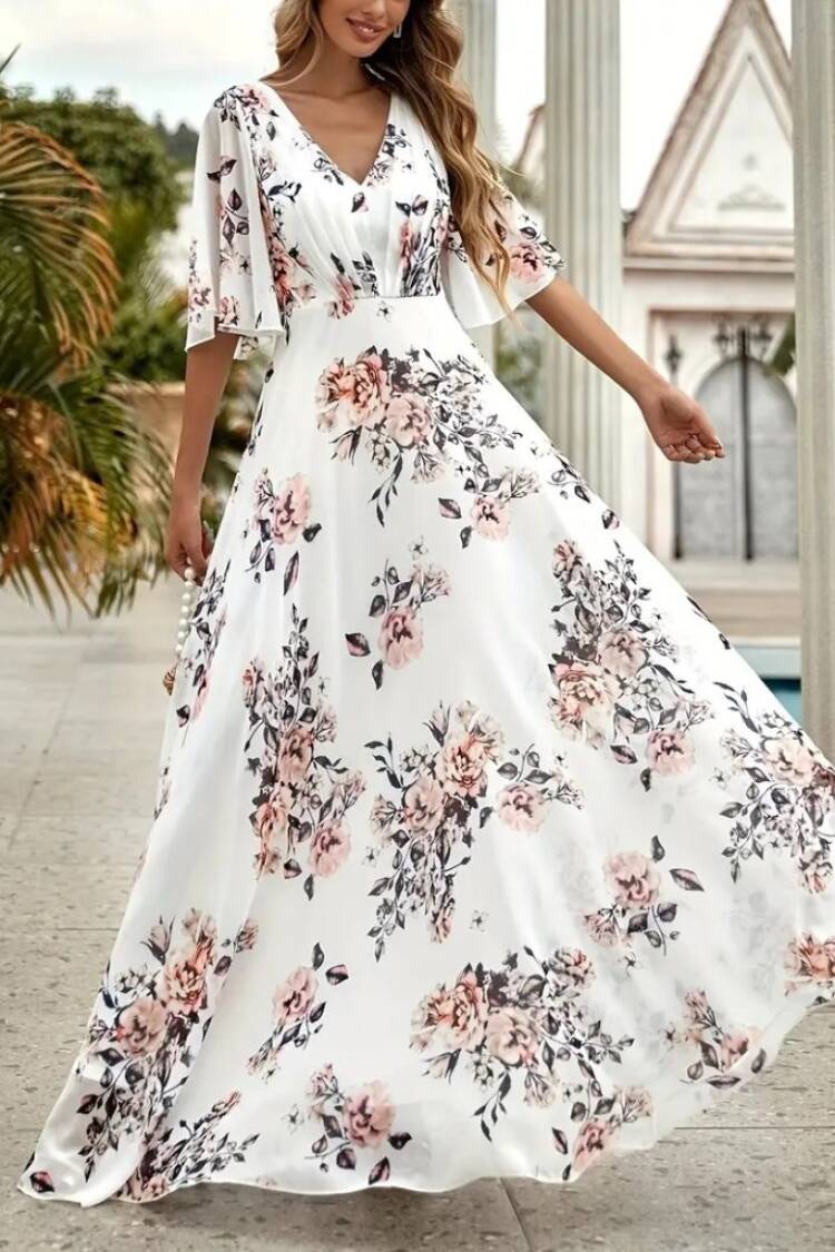 Women's Short Sleeve V-Neck Floral Print Suprem Dress