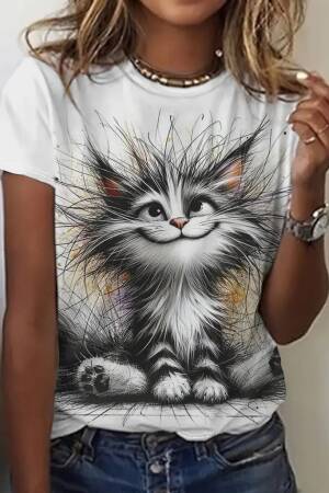Women's Short Sleeve Crew Neck Cat Printed Suprem Blouse - White - Brand: Janes - Women's Clothing Wholesale - Globality Store