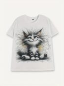 Women's Short Sleeve Crew Neck Cat Printed Suprem Blouse - White - Brand: Janes - Women's Clothing Wholesale - Globality Store