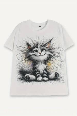 Women's Short Sleeve Crew Neck Cat Printed Suprem Blouse - White - Brand: Janes - Women's Clothing Wholesale - Globality Store