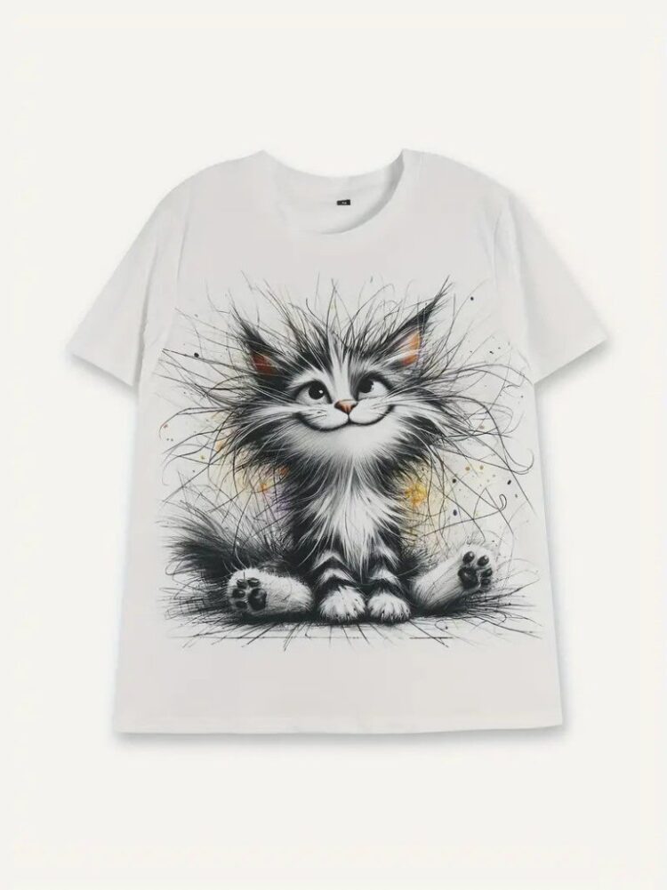 Women's Short Sleeve Crew Neck Cat Printed Suprem Blouse - White