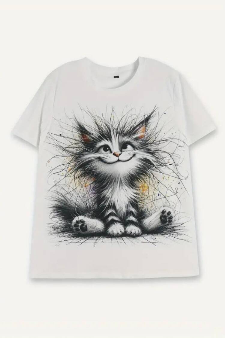 Women's Short Sleeve Crew Neck Cat Printed Suprem Blouse - White