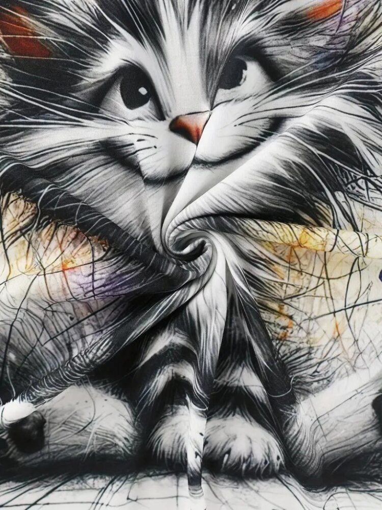Women's Short Sleeve Crew Neck Cat Printed Suprem Blouse - White