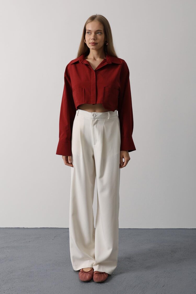 Short Size Double Pocket Shirt - Burgundy - Brand: Reyon - Women's Clothing Wholesale - Globality Store