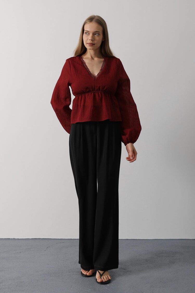 V-Neck Lace Blouse - Burgundy - Brand: Reyon - Women's Clothing Wholesale - Globality Store