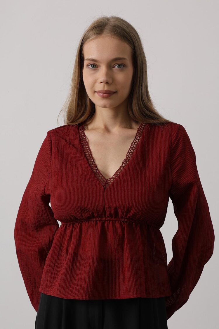 V-Neck Lace Blouse - Burgundy