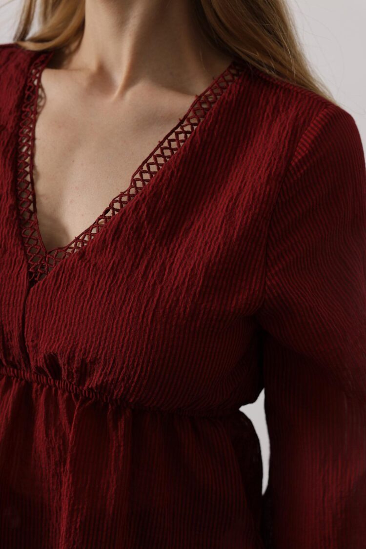 V-Neck Lace Blouse - Burgundy