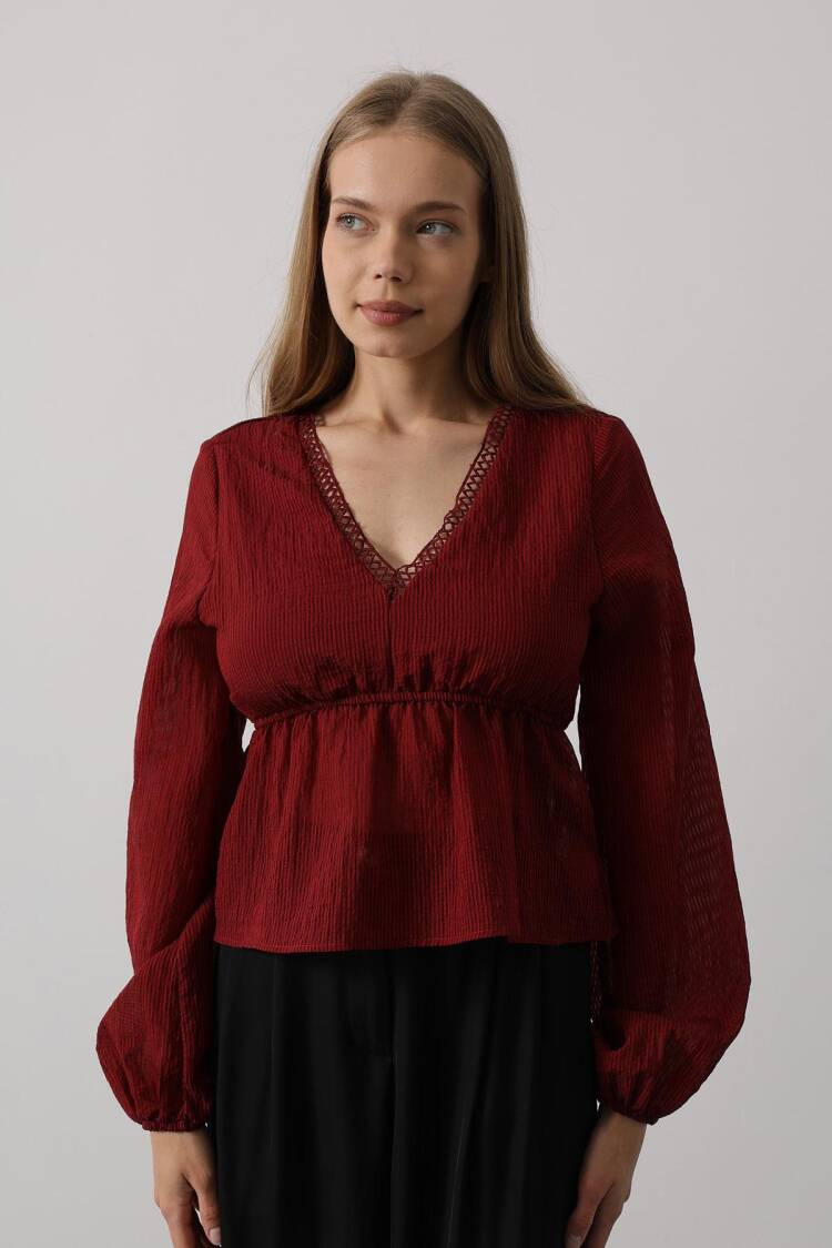 V-Neck Lace Blouse - Burgundy