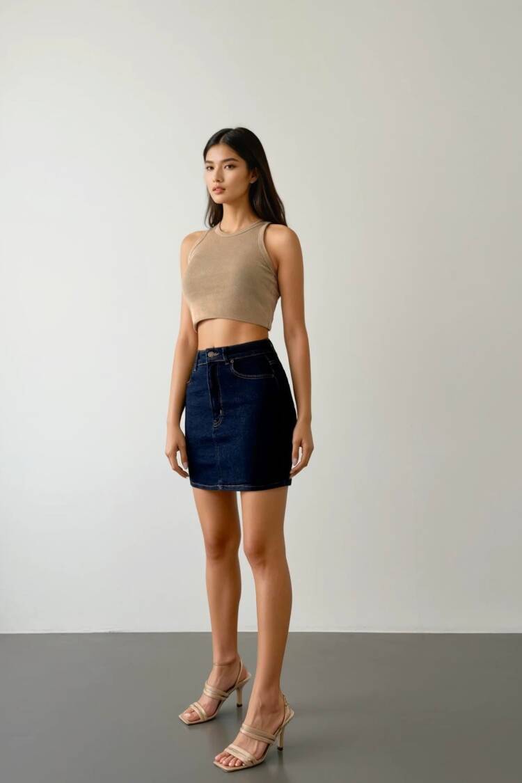 Pocket Detailed Above Knee Navy Blue Denim Skirt - Brand: LACARINO - Women's Clothing Wholesale - Globality Store