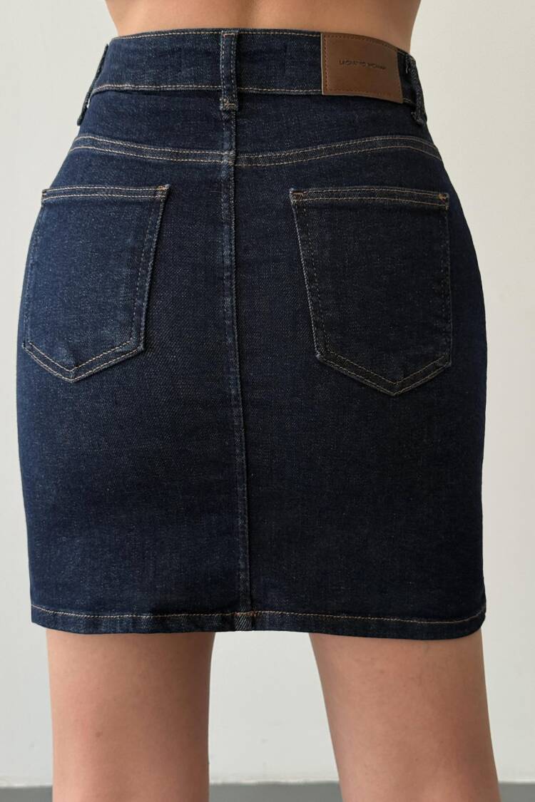 Pocket Detailed Above Knee Navy Blue Denim Skirt
