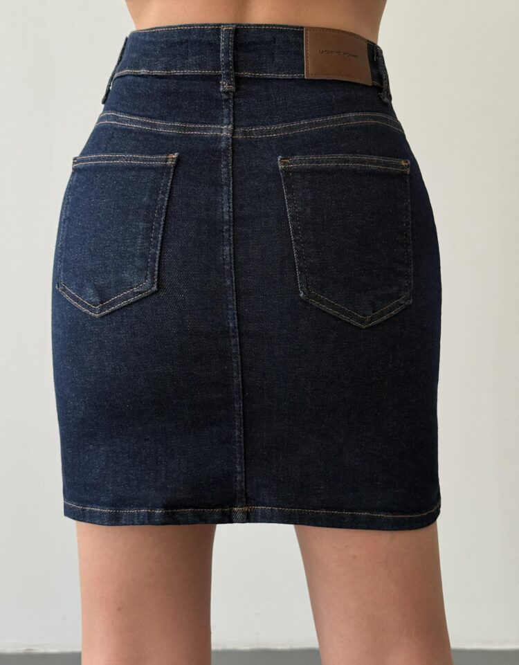 Pocket Detailed Above Knee Navy Blue Denim Skirt