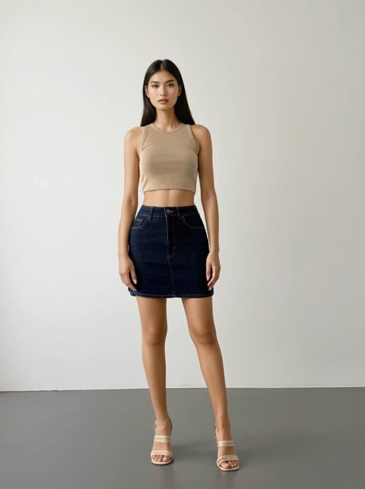 Pocket Detailed Above Knee Navy Blue Denim Skirt