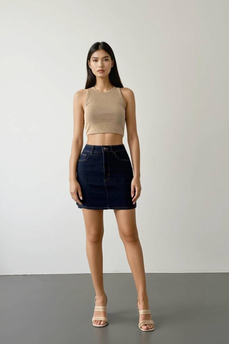 Pocket Detailed Above Knee Navy Blue Denim Skirt
