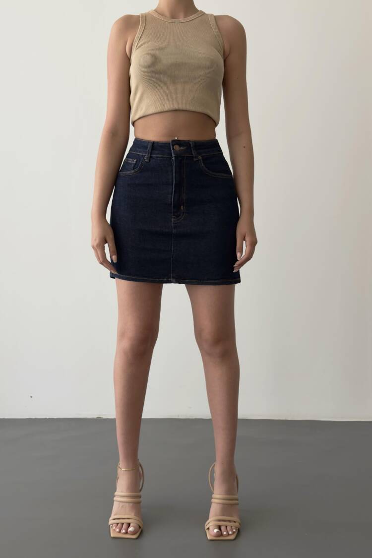 Pocket Detailed Above Knee Navy Blue Denim Skirt
